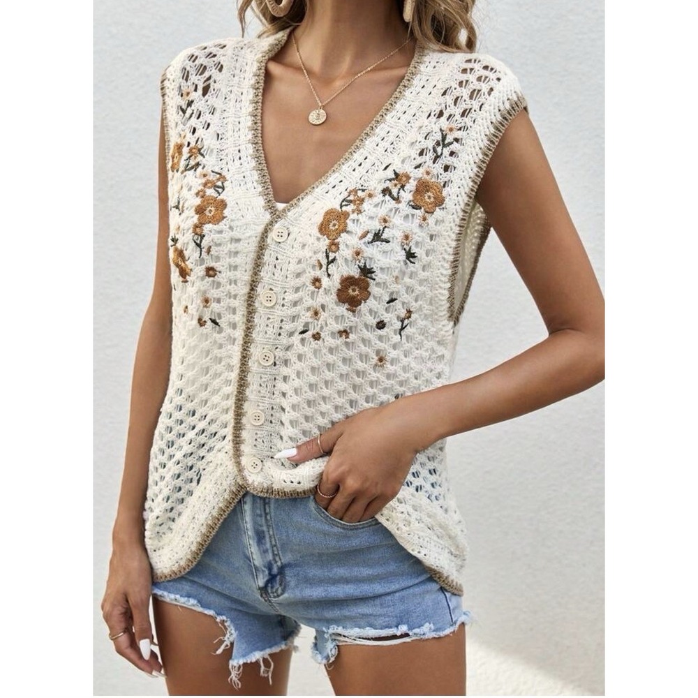 Womens Pointelle Knit Vest Size Large Acrylic Floral Festival Hippie Cottagecore